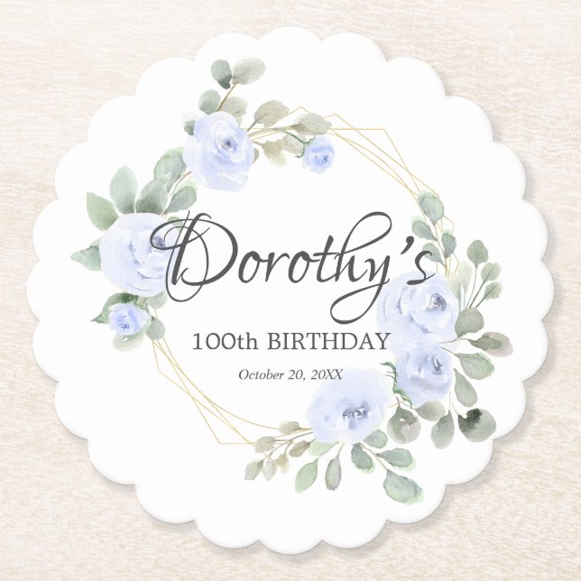 Eucalyptus Blue Rose Floral 100th Birthday Party Paper Coaster (Front)