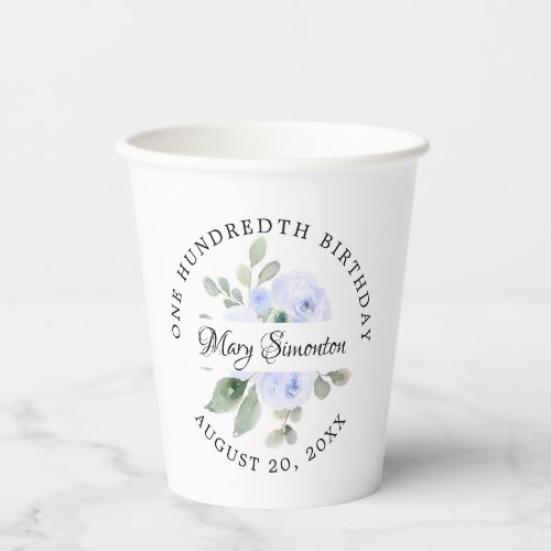 Eucalyptus Blue Rose Floral 100th Birthday Party Paper Cups