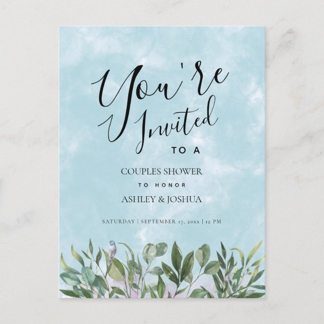 Eucalyptus Blue Watercolor Couples Shower Invitation Postcard (Front)
