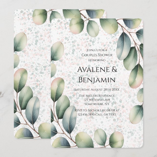 Eucalyptus Blush Alcohol Ink Couples Shower Invitation (Front/Back)