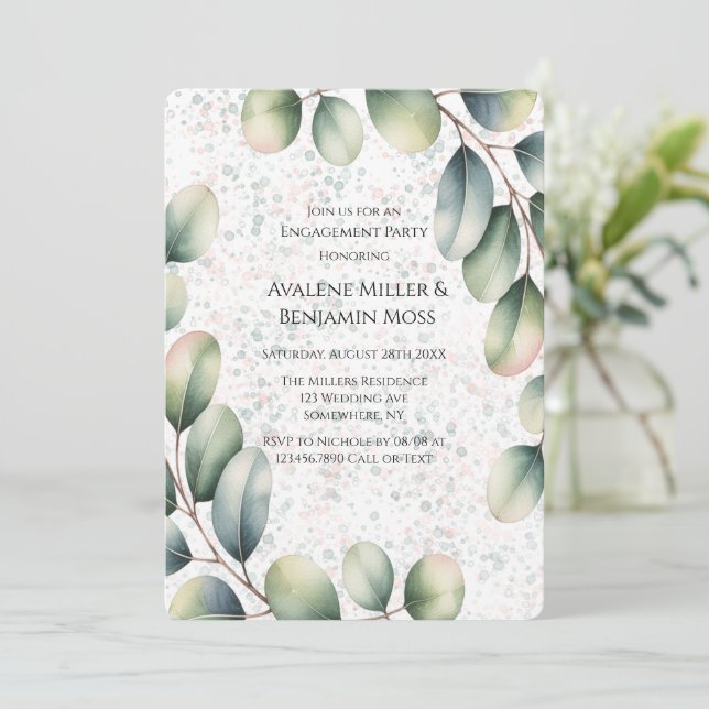 Eucalyptus Blush Alcohol Ink Engagement Party Invitation (Standing Front)
