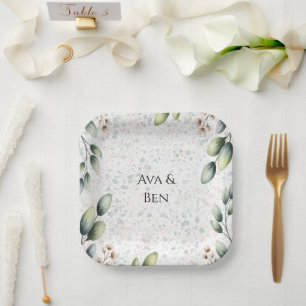 Eucalyptus Blush Alcohol Ink Wedding Paper Plates