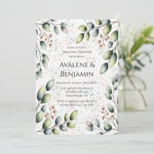Eucalyptus Blush Alcohol Ink Wedding Shower Invitation (Standing Front)