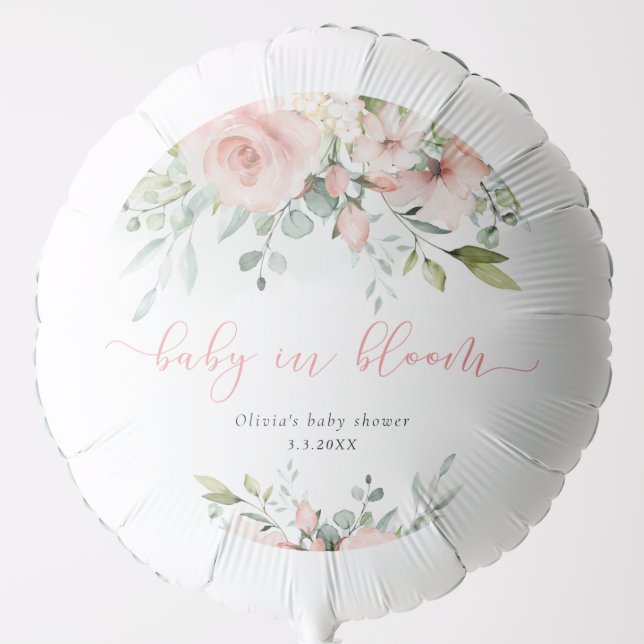 Eucalyptus blush floral baby in bloom baby shower balloon (Front)