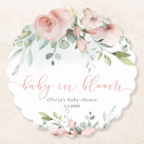 Eucalyptus blush floral baby in bloom baby shower paper coaster