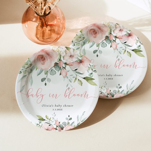 Eucalyptus blush floral baby in bloom baby shower paper plates