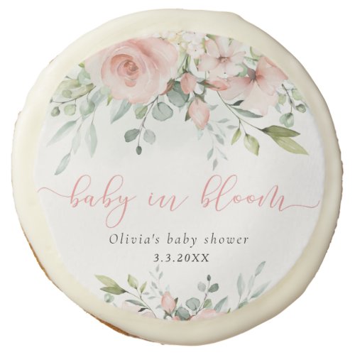 Eucalyptus blush floral baby in bloom baby shower sugar cookie
