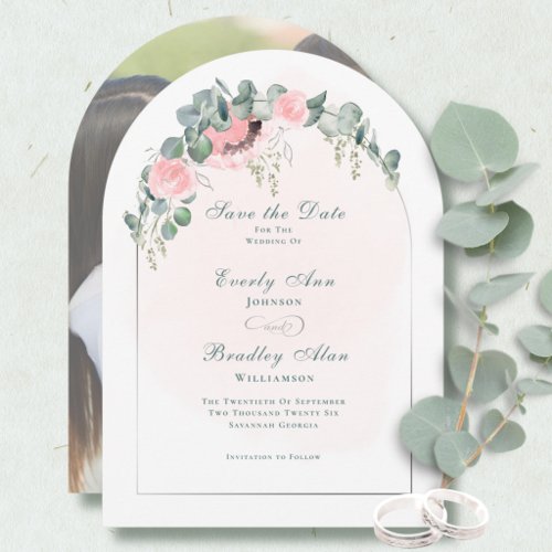 Eucalyptus Blush Pink Floral Arch Save the Date Invitation