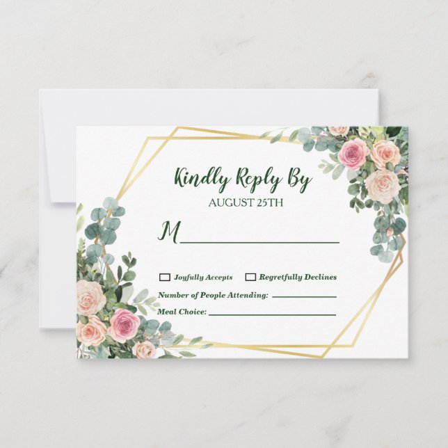 Eucalyptus Blush Pink Gold Geometric Wedding RSVP Card (Front)
