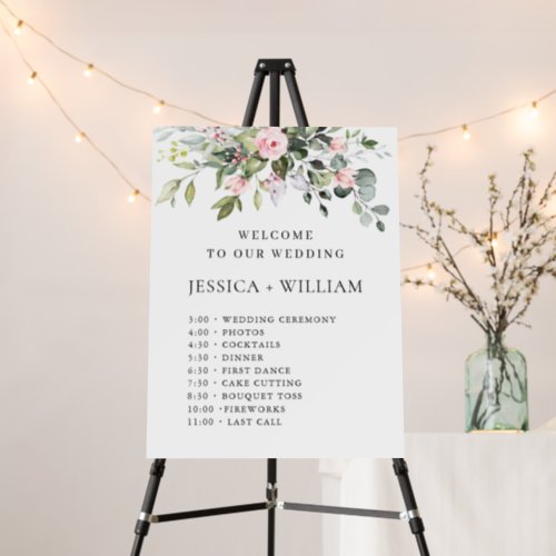 Eucalyptus Blush Pink Roses Wedding Day Timeline Foam Board