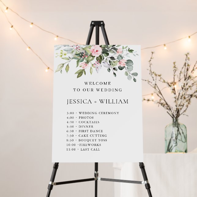 Eucalyptus Blush Pink Roses Wedding Day Timeline Foam Board (In Situ (Stand))