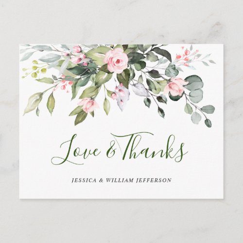 Eucalyptus Blush Pink Roses Wedding Thank You Postcard