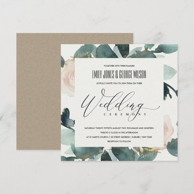 EUCALYPTUS BLUSH ROSE FOLIAGE WATERCOLOR WEDDING INVITATION (Front/Back)