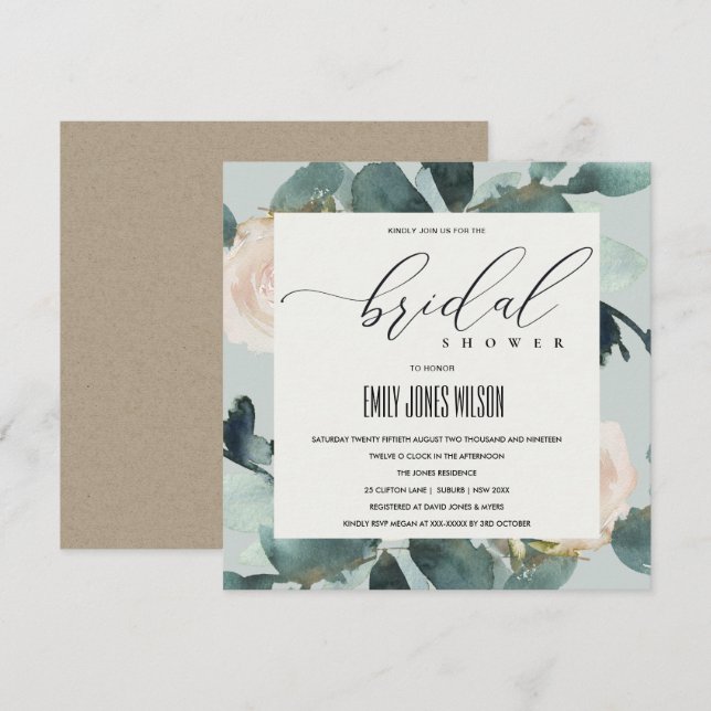 EUCALYPTUS BLUSH ROSE GREY KRAFT BRIDAL SHOWER INVITATION (Front/Back)