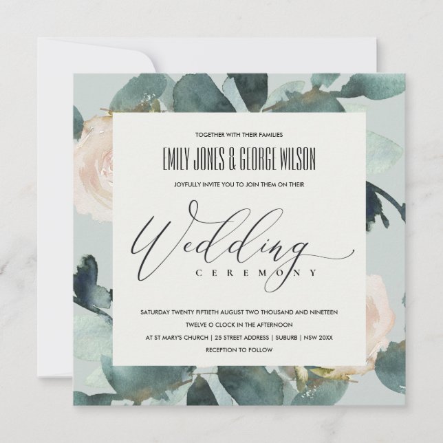 EUCALYPTUS BLUSH ROSE GREY PINK FOLIAGE WEDDING INVITATION (Front)