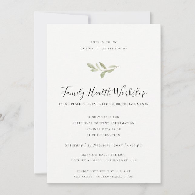 EUCALYPTUS BLUSH ROSE KRAFT NAVY WORKSHOP EVENT INVITATION (Front)