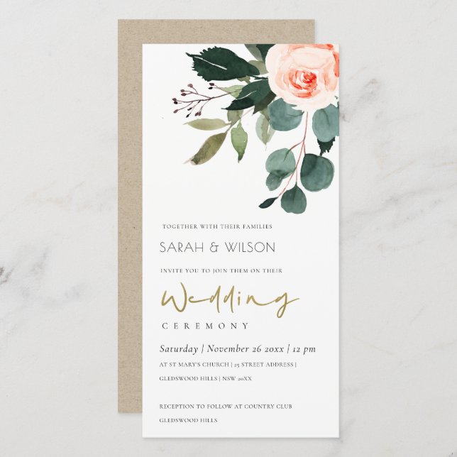 Eucalyptus Blush Rose Pink Floral Wedding Invite (Front/Back)