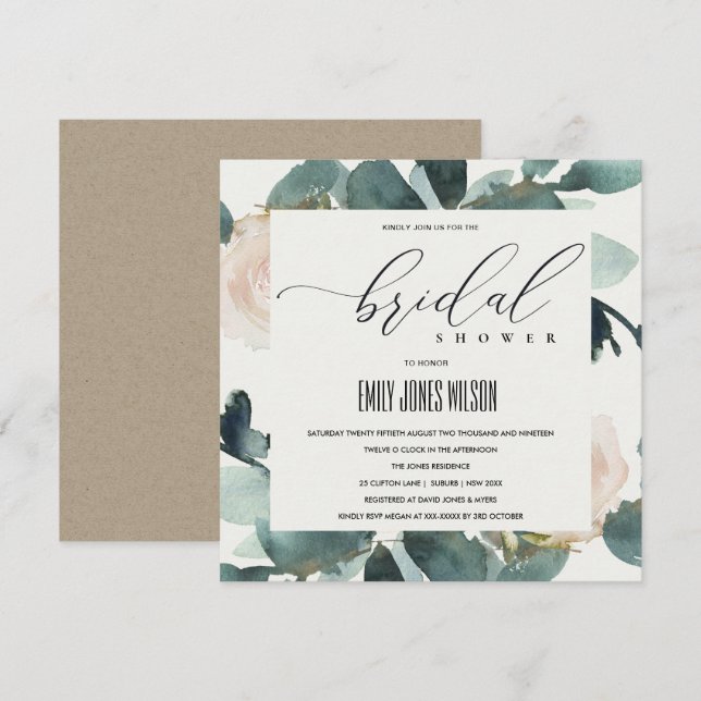 EUCALYPTUS BLUSH ROSE SOFT KRAFT BRIDAL SHOWER INVITATION (Front/Back)