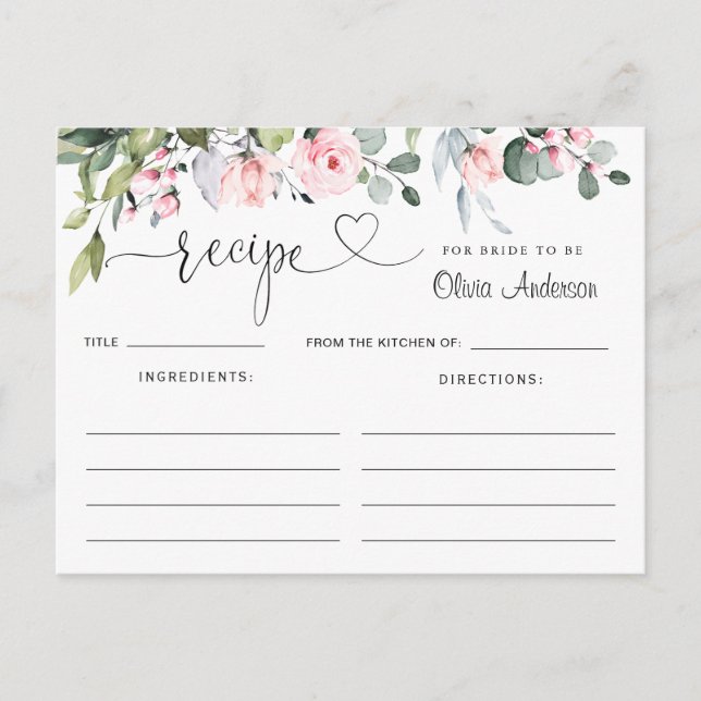 Eucalyptus Blush Roses Bridal Shower Recipe Card (Front)
