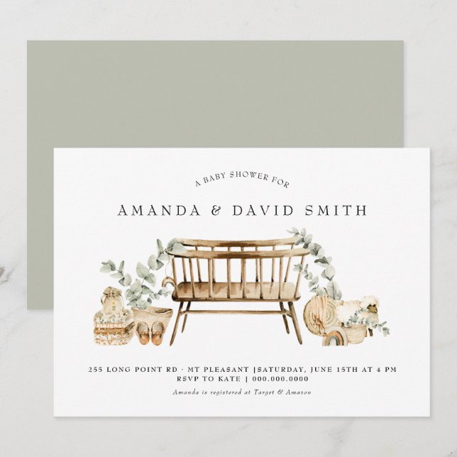 Eucalyptus Bohemian Baby Shower Sage Green  Invitation (Front/Back)