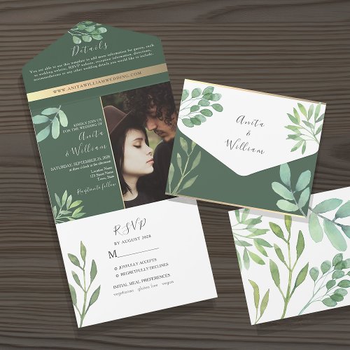 Eucalyptus Boho Emerald Green Photo Wedding All In One Invitation