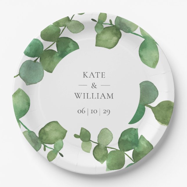 Eucalyptus Boho Greenery Floral Wedding Paper Plates (Front)