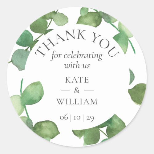 Eucalyptus Boho Greenery Floral Wedding Thank You Classic Round Sticker