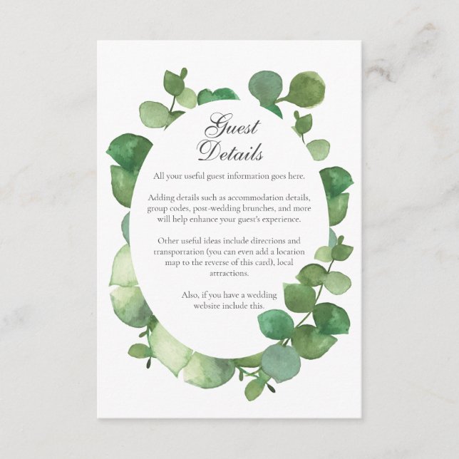 Eucalyptus Boho Greenery Guest Information Details Enclosure Card (Front)