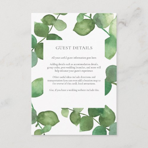 Eucalyptus Boho Greenery Guest Information Details Enclosure Card