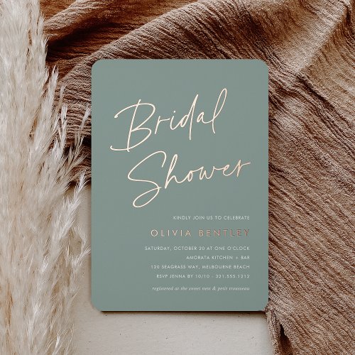Eucalyptus  Boho Minimalist Script Bridal Shower Foil Invitation