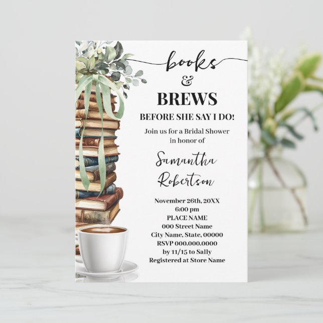 Eucalyptus Books & Brews Coffee Bridal Shower Invitation (Standing Front)