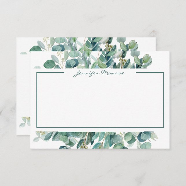 Eucalyptus border personalized lined note card (Front/Back)