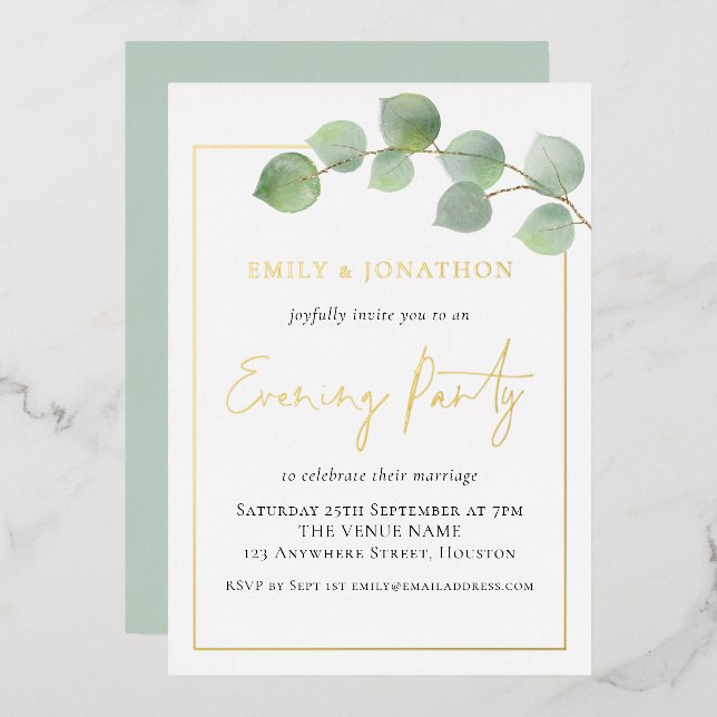 Eucalyptus Border Wedding Evening Party Gold Real Foil Invitation (Front/Back)