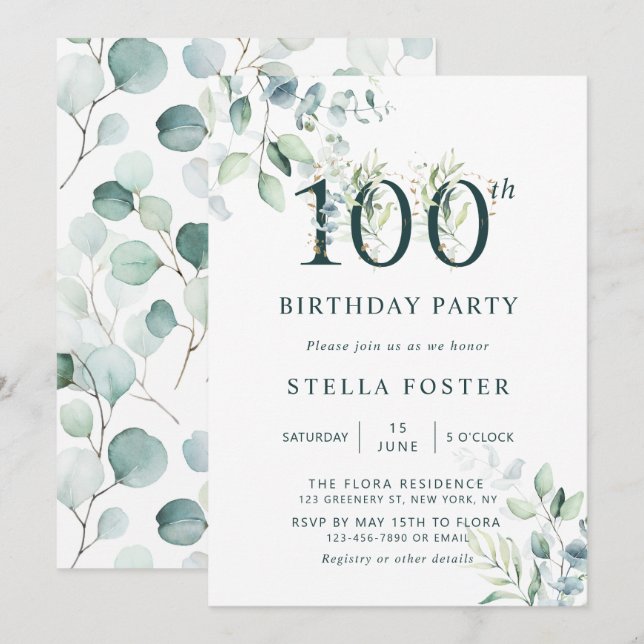 Eucalyptus Botanical 100th Birthday Party Invitation (Front/Back)