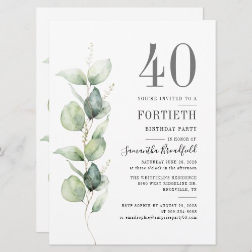 Eucalyptus Botanical 40th Birthday Party Invitation