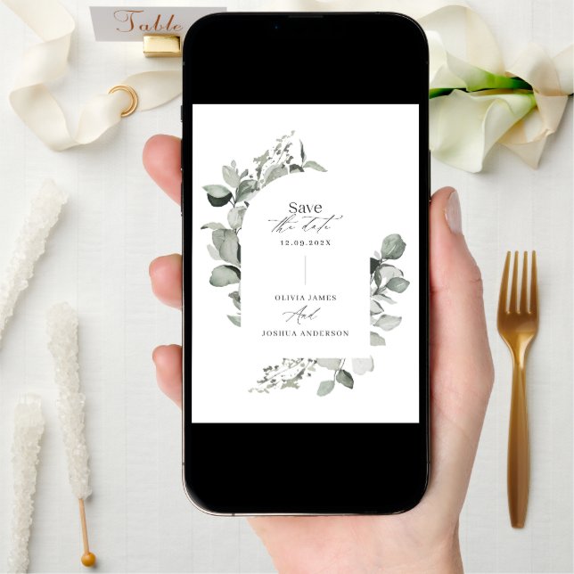 Eucalyptus botanical elegant modern simple wedding save the date (Front Digital)