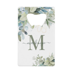Eucalyptus Botanical Floral Monogram Credit Card Bottle Opener