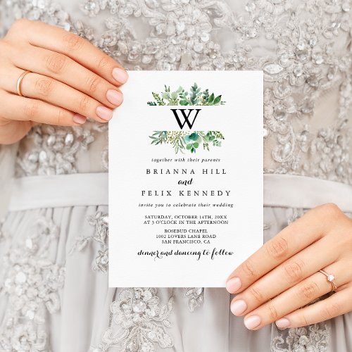 Eucalyptus Botanical Foliage Monogram Wedding Invitation