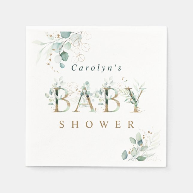 Eucalyptus Botanical Gold Letter Baby Shower  Napkins (Front)