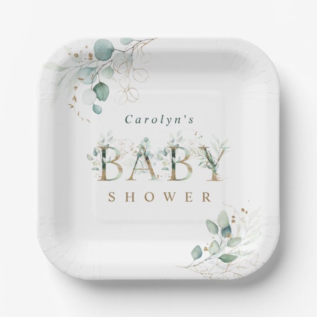 Eucalyptus Botanical Gold Letter Baby Shower  Paper Plates (Front)