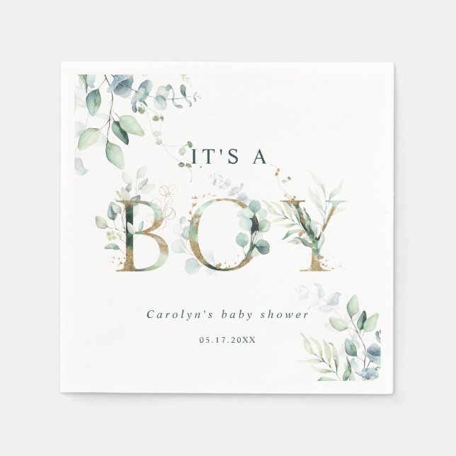 Eucalyptus Botanical Gold Letter Boy Baby Shower Napkins (Front)