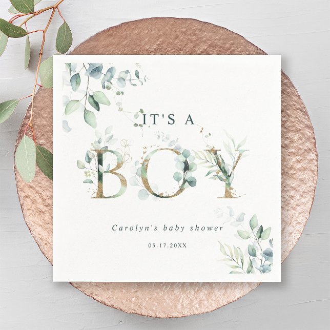 Eucalyptus Botanical Gold Letter Boy Baby Shower Napkins (Creator Uploaded)