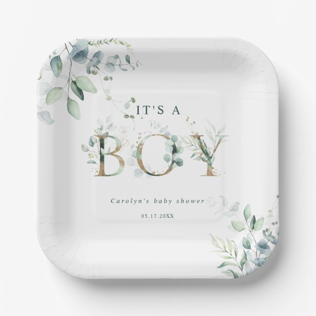 Eucalyptus Botanical Gold Letter Boy Baby Shower Paper Plates (Front)