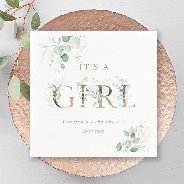 Eucalyptus Botanical Gold Letter Girl Baby Shower Napkins (Creator Uploaded)