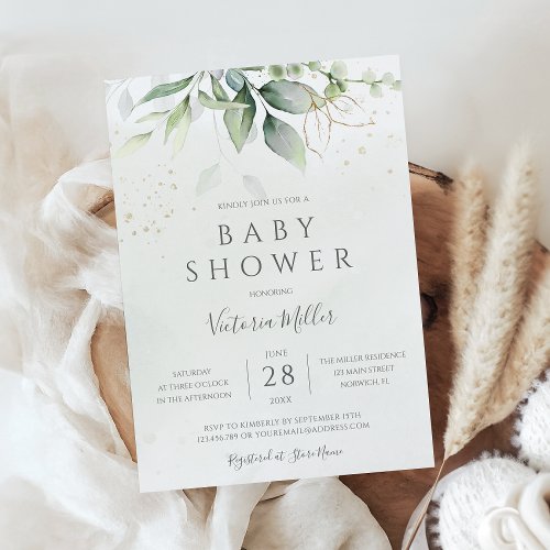 Eucalyptus Botanical Gold Modern Baby Shower Invitation