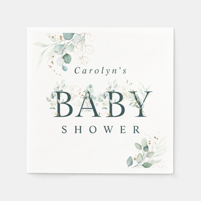 Eucalyptus Botanical Green Letter Baby Shower  Napkins (Front)