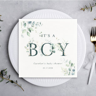 Eucalyptus Botanical Green Letter Boy Baby Shower  Napkins