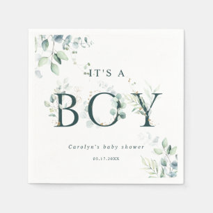 Eucalyptus Botanical Green Letter Boy Baby Shower Napkins
