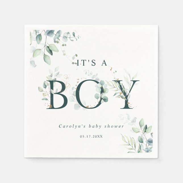 Eucalyptus Botanical Green Letter Boy Baby Shower  Napkins (Front)