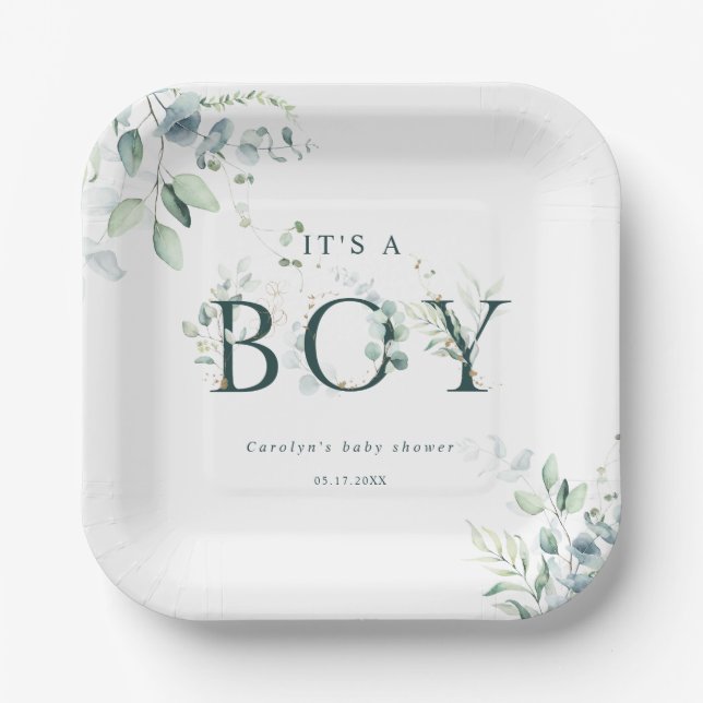 Eucalyptus Botanical Green Letter Boy Baby Shower Paper Plates (Front)